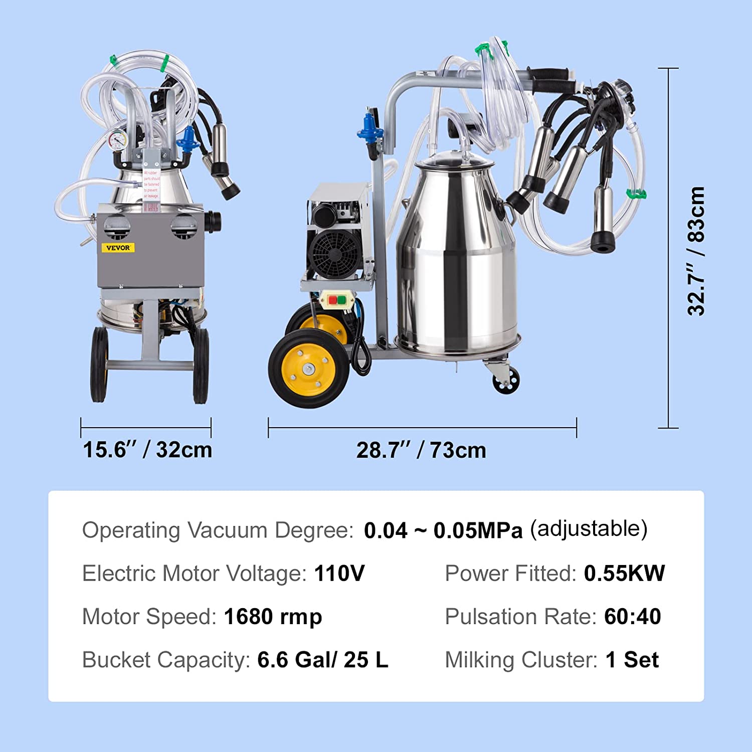 Meubon 25L Electric Milking Machine I 5-8 Cows per Hour I 0.55KW 1680 RPM Milking Equipment For Cows and Goat